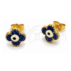 Arete Dormilona 02.196.0275 Oro Laminado, Diseño de Ojo Griego y Trébol de Cuatro Hojas, Esmaltado Azul, Tono Dorado