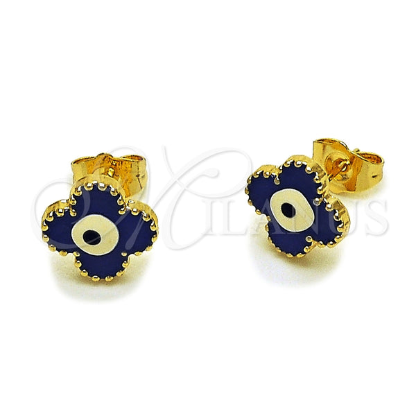Arete Dormilona 02.196.0275 Oro Laminado, Diseño de Ojo Griego y Trébol de Cuatro Hojas, Esmaltado Azul, Tono Dorado