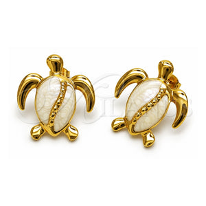 Arete Dormilona 02.196.0286 Oro Laminado, Diseño de Tortuga, Esmaltado Blanco, Tono Dorado