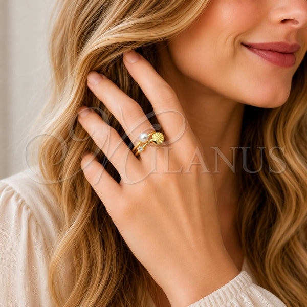 Anillo Multi Piedra 01.381.0018 Oro Laminado, Diseño de Concha y Bola, con Perla Marfil y Zirconia Cubica Blanca, Pulido, Tono Dorado (Talla Unica)