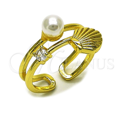 Anillo Multi Piedra 01.381.0018 Oro Laminado, Diseño de Concha y Bola, con Perla Marfil y Zirconia Cubica Blanca, Pulido, Tono Dorado (Talla Unica)
