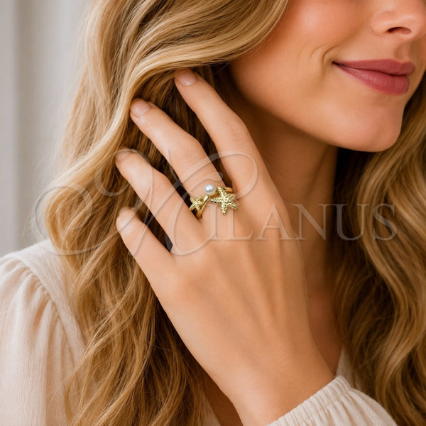 Anillo Elegante 01.381.0019 Oro Laminado, Diseño de Estrella y Bola, con Perla Marfil, Pulido, Tono Dorado (Talla Unica)