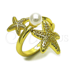 Anillo Elegante 01.381.0019 Oro Laminado, Diseño de Estrella y Bola, con Perla Marfil, Pulido, Tono Dorado (Talla Unica)