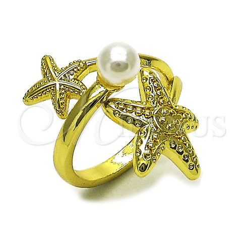Anillo Elegante 01.381.0019 Oro Laminado, Diseño de Estrella y Bola, con Perla Marfil, Pulido, Tono Dorado (Talla Unica)