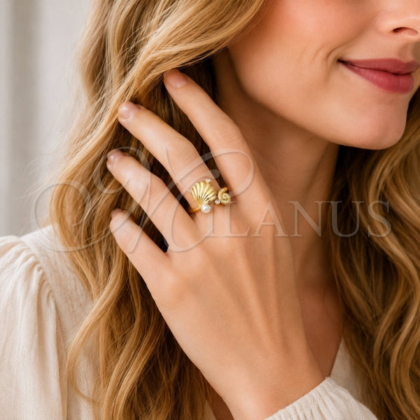 Anillo Multi Piedra 01.381.0020 Oro Laminado, Diseño de Concha y Caracol, con Perla Marfil y Zirconia Cubica Blanca, Pulido, Tono Dorado (Talla Unica)