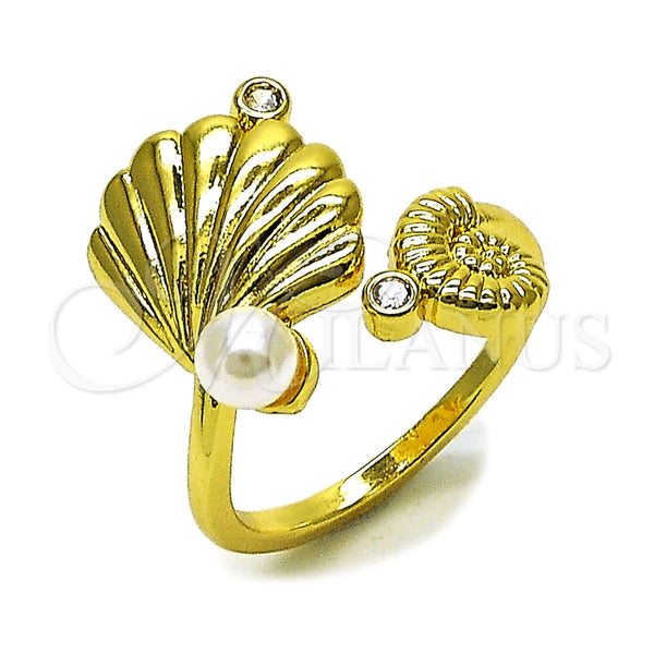 Anillo Multi Piedra 01.381.0020 Oro Laminado, Diseño de Concha y Caracol, con Perla Marfil y Zirconia Cubica Blanca, Pulido, Tono Dorado (Talla Unica)