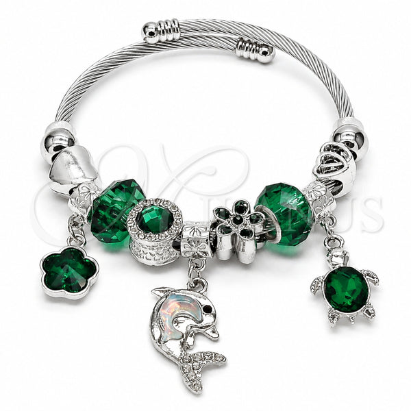 Aro Individual 07.464.0050 Acero Inoxidable, Diseño de Corazón y Bola, con Cristal Verde y Jet, Esmaltado Verde, Tono Plateado (Grosor 03 MM, Talla Unica)