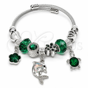 Aro Individual 07.464.0050 Acero Inoxidable, Diseño de Corazón y Bola, con Cristal Verde y Jet, Esmaltado Verde, Tono Plateado (Grosor 03 MM, Talla Unica)