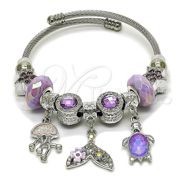 Aro Individual 07.464.0051 Acero Inoxidable, Diseño de Estrella y Pescado, con Cristal Violet y Cyclamen Opal, Pulido Rosado, Tono Plateado (Grosor 03 MM, Talla Unica)