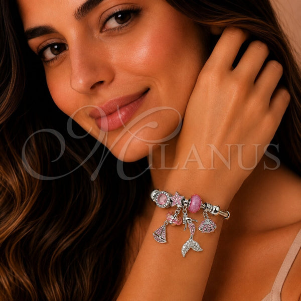 Aro Individual 07.464.0052 Acero Inoxidable, Diseño de Pescado y Corazón, con Cristal Light Rose y Crystal, Pulido, Tono Plateado (Grosor 03 MM, Talla Unica)