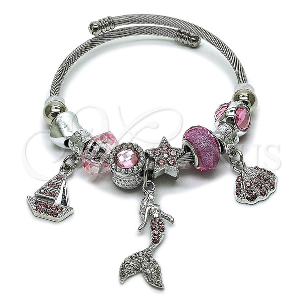 Aro Individual 07.464.0052 Acero Inoxidable, Diseño de Pescado y Corazón, con Cristal Light Rose y Crystal, Pulido, Tono Plateado (Grosor 03 MM, Talla Unica)