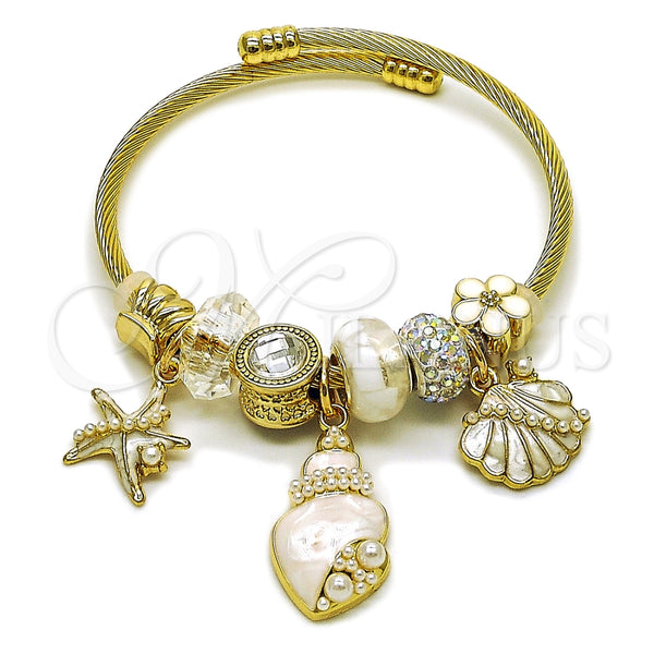 Aro Individual 07.464.0053 Acero Inoxidable, Diseño de Concha y Estrella, con Perla Marfil y Cristal White Platina, Esmaltado Blanco, Tono Dorado (Grosor 03 MM, Talla Unica)