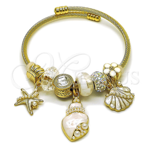 Aro Individual 07.464.0053 Acero Inoxidable, Diseño de Concha y Estrella, con Perla Marfil y Cristal White Platina, Esmaltado Blanco, Tono Dorado (Grosor 03 MM, Talla Unica)