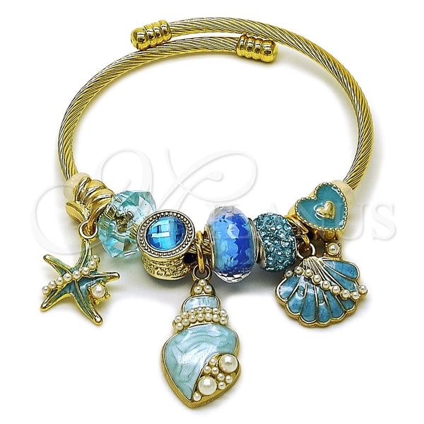 Aro Individual 07.464.0054 Acero Inoxidable, Diseño de Concha y Estrella, con Cristal Light Turquoise y Perla Marfil, Esmaltado Azul, Tono Plateado (Grosor 03 MM, Talla Unica)