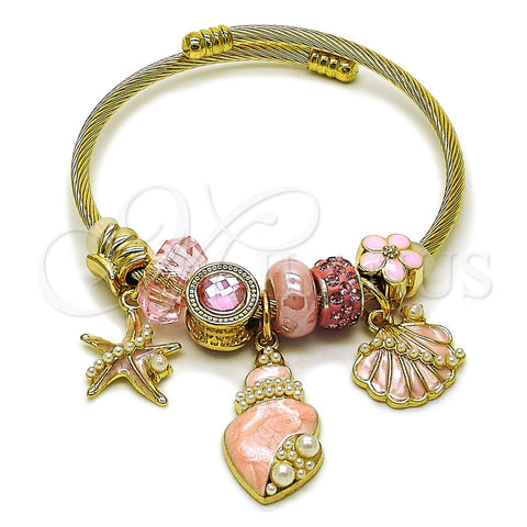 Aro Individual 07.464.0055 Acero Inoxidable, Diseño de Concha y Estrella, con Cristal Light Rose y Perla Marfil, Esmaltado Rosado, Tono Dorado (Grosor 03 MM, Talla Unica)