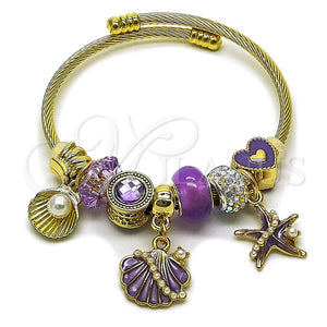 Aro Individual 07.464.0056 Acero Inoxidable, Diseño de Concha y Estrella, con Cristal Crystal y Violet, Pulido, Tono Dorado (Grosor 03 MM, Talla Unica)
