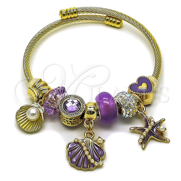 Aro Individual 07.464.0056 Acero Inoxidable, Diseño de Concha y Estrella, con Cristal Crystal y Violet, Pulido, Tono Dorado (Grosor 03 MM, Talla Unica)