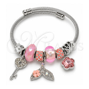 Aro Individual 07.464.0057 Acero Inoxidable, Diseño de Pescado y Flor, con Cristal Crystal y Light Rose, Pulido, Tono Plateado (Grosor 03 MM, Talla Unica)