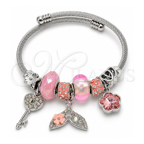 Aro Individual 07.464.0057 Acero Inoxidable, Diseño de Pescado y Flor, con Cristal Crystal y Light Rose, Pulido, Tono Plateado (Grosor 03 MM, Talla Unica)