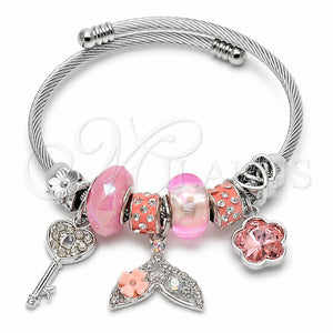 Aro Individual 07.464.0057 Acero Inoxidable, Diseño de Pescado y Flor, con Cristal Crystal y Light Rose, Pulido, Tono Plateado (Grosor 03 MM, Talla Unica)
