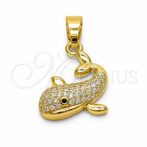 Dije Elegante 05.341.0112 Oro Laminado, Diseño de Pescado y Delfín, con Micro Pave Blanca y Negro, Pulido, Tono Dorado