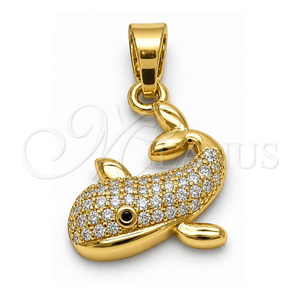 Dije Elegante 05.341.0112 Oro Laminado, Diseño de Pescado y Delfín, con Micro Pave Blanca y Negro, Pulido, Tono Dorado