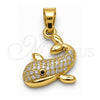Dije Elegante 05.341.0112 Oro Laminado, Diseño de Pescado y Delfín, con Micro Pave Blanca y Negro, Pulido, Tono Dorado