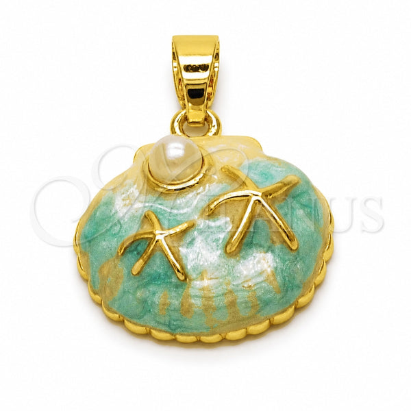 Dije Elegante 05.341.0126 Oro Laminado, Diseño de Concha y Estrella, con Perla Marfil, Esmaltado Turquesa, Tono Dorado
