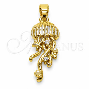 Dije Elegante 05.341.0127 Oro Laminado, Diseño de Pescado, con Zirconia Cubica Blanca y Perla Marfil, Esmaltado Blanco, Tono Dorado
