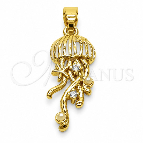 Dije Elegante 05.341.0127 Oro Laminado, Diseño de Pescado, con Zirconia Cubica Blanca y Perla Marfil, Esmaltado Blanco, Tono Dorado