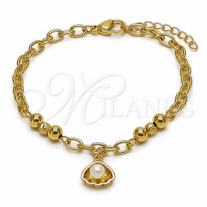 Pulsera de Dije 03.213.0451.07 Oro Laminado, Diseño de Concha y Bola, con Perla Marfil, Pulido, Tono Dorado (Grosor 05 MM, 7 Pulgadas de Largo)