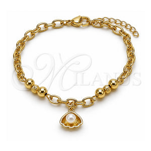 Pulsera de Dije 03.213.0451.07 Oro Laminado, Diseño de Concha y Bola, con Perla Marfil, Pulido, Tono Dorado (Grosor 05 MM, 7 Pulgadas de Largo)