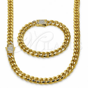 Collar y Pulsera 06.60.0007.20 Oro Laminado, Diseño de Miami Cubana, con Zirconia Cubica Blanca, Pulido, Tono Dorado