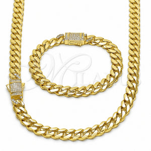 Collar y Pulsera 06.60.0008.20 Oro Laminado, Diseño de Miami Cubana, con Zirconia Cubica Blanca, Pulido, Tono Dorado