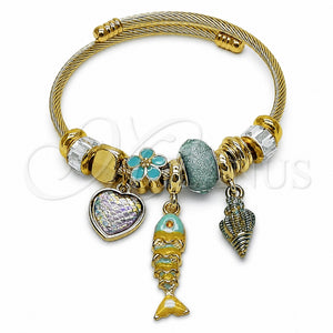 Aro Individual 07.454.0045 Acero Inoxidable, Diseño de Pescado y Corazón, con Cristal Crystal y Light Turquoise, Esmaltado Turquesa, Tono Dorado (Grosor 03 MM, Talla Unica)