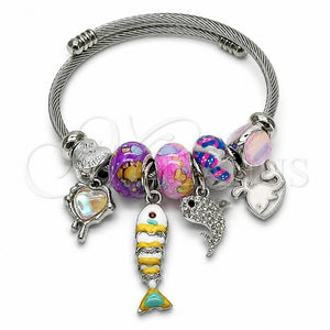 Aro Individual 07.454.0048 Acero Inoxidable, Diseño de Pescado y Delfín, con Cristal Crystal y Aurore Boreale, Esmaltado Blanco, Tono Plateado (Grosor 03 MM, Talla Unica)