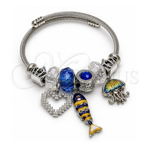 Aro Individual 07.454.0049 Acero Inoxidable, Diseño de Pescado y Corazón, con Cristal Zafiro Azul y Perla Marfil, Esmaltado Azul, Tono Plateado (Grosor 03 MM, Talla Unica)