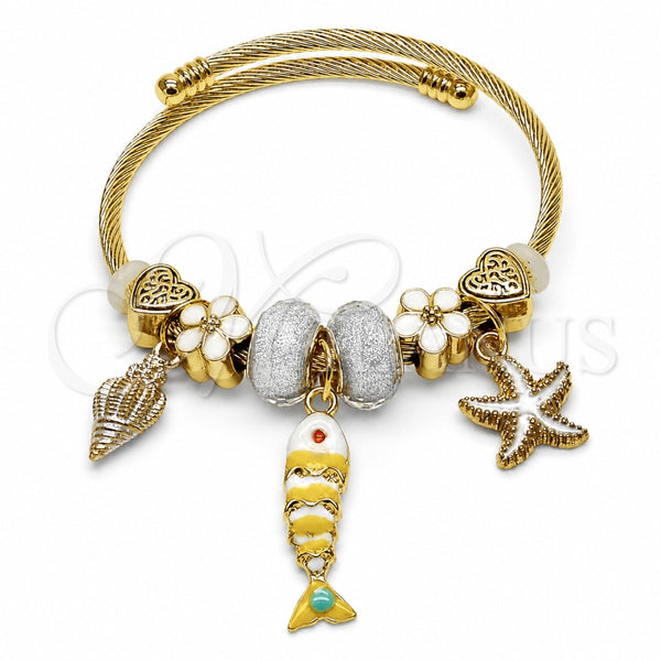 Aro Individual 07.454.0053 Acero Inoxidable, Diseño de Pescado y Estrella, con Cristal, Esmaltado Blanco, Tono Dorado (Grosor 03 MM, Talla Unica)
