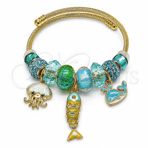 Aro Individual 07.454.0054 Acero Inoxidable, Diseño de Pescado y Delfín, con Cristal Light Turquoise y Indicolite, Esmaltado Turquesa, Tono Dorado (Grosor 03 MM, Talla Unica)