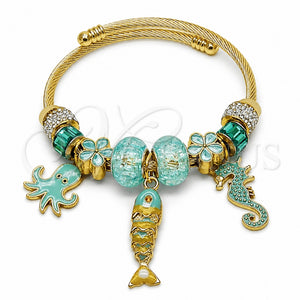 Aro Individual 07.454.0055 Acero Inoxidable, Diseño de Pescado y Caballo de Mar, con Cristal Crystal y Light Turquoise, Pulido, Tono Dorado (Grosor 03 MM, Talla Unica)