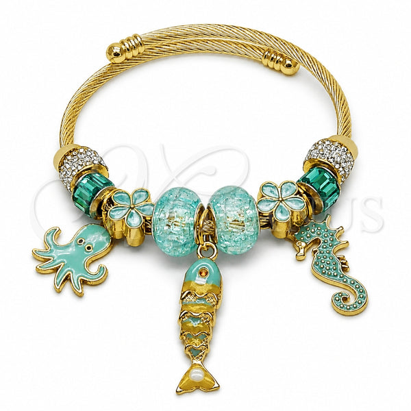 Aro Individual 07.454.0055 Acero Inoxidable, Diseño de Pescado y Caballo de Mar, con Cristal Crystal y Light Turquoise, Pulido, Tono Dorado (Grosor 03 MM, Talla Unica)