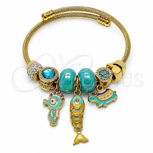 Aro Individual 07.454.0056 Acero Inoxidable, Diseño de Pescado y Caballo de Mar, con Cristal Indicolite y Turquoise, Esmaltado Turquesa, Tono Dorado (Grosor 03 MM, Talla Unica)