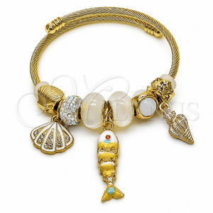 Aro Individual 07.454.0057 Acero Inoxidable, Diseño de Pescado y Concha, con Cristal Crystal y Aurore Boreale, Esmaltado Blanco, Tono Dorado (Grosor 03 MM, Talla Unica)