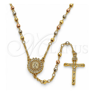 Rosario Fino 09.469.0003.24 Oro Laminado, Diseño de San Benito y Crucifijo, con Zirconia Cubica Blanca, Diamantado, Tres Tonos
