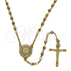 Rosario Fino 09.469.0003.24 Oro Laminado, Diseño de San Benito y Crucifijo, con Zirconia Cubica Blanca, Diamantado, Tres Tonos
