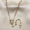 Rosario Fino 09.469.0005.22 Oro Laminado, Diseño de Guadalupe y Crucifijo, con Zirconia Cubica Multicolor y Blanca, Diamantado, Tres Tonos