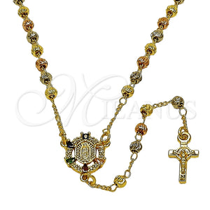 Rosario Fino 09.469.0005.22 Oro Laminado, Diseño de Guadalupe y Crucifijo, con Zirconia Cubica Multicolor y Blanca, Diamantado, Tres Tonos