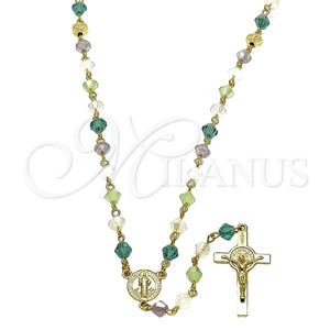 Rosario Mediano 09.469.0009.28 Oro Laminado, Diseño de San Benito y Crucifijo, con Cristal Multicolor, Pulido, Tono Dorado