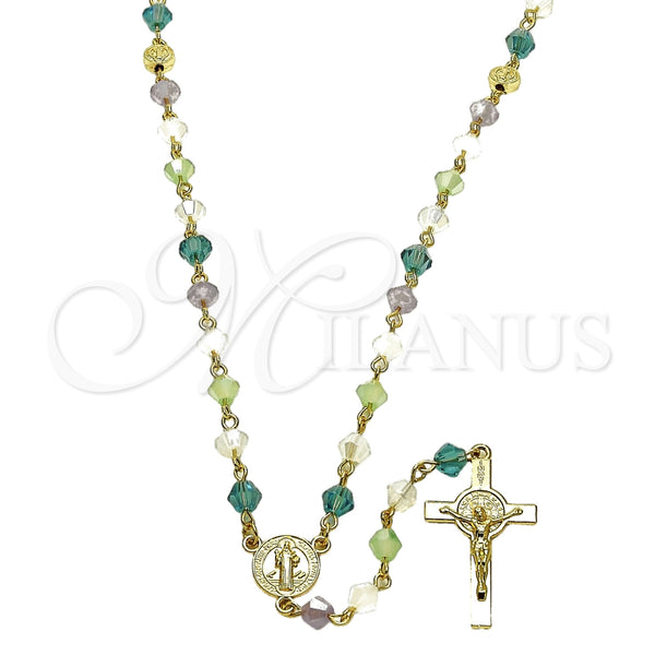 Rosario Mediano 09.469.0009.28 Oro Laminado, Diseño de San Benito y Crucifijo, con Cristal Multicolor, Pulido, Tono Dorado