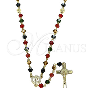 Rosario Mediano 09.469.0009.1.28 Oro Laminado, Diseño de San Benito y Crucifijo, con Cristal Multicolor, Pulido, Tono Dorado